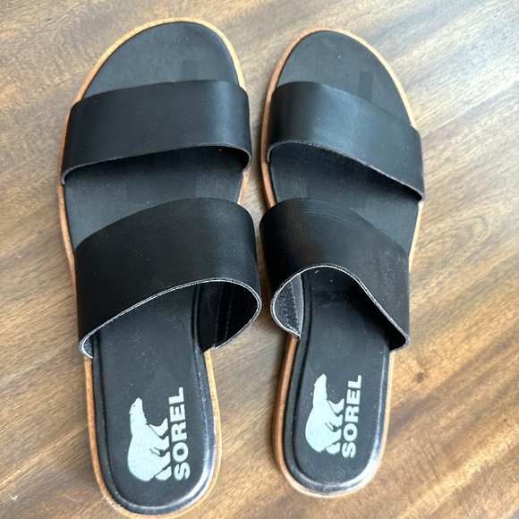 Sorel Black Leather Flat Sandals - Sz 9 - Picture 1 of 3